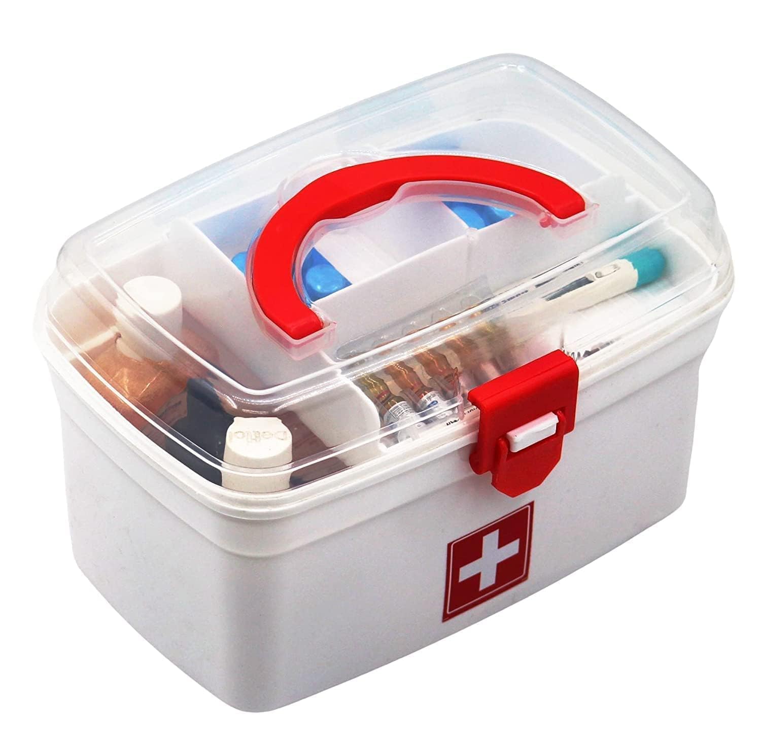 Silver Shark Plastic Medicine Box, First Aid Box, Detachable Tray with Handle, Emergency Indoor Outdoor Medical Utility Cabinet Organizer, Transparent, Portable & Lockable Container, White-image-14