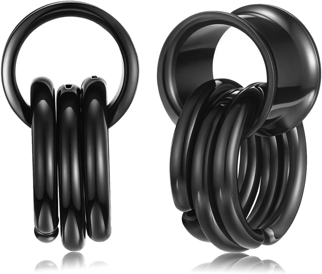 Ear Tunnels with Ring Stainless Steel Ear Gauges Double Flared Stretchers Plugs Earrings Ears Lobe Piercing Jewellery 8mm 10mm 12mm 14mm,Silver Gold,Black