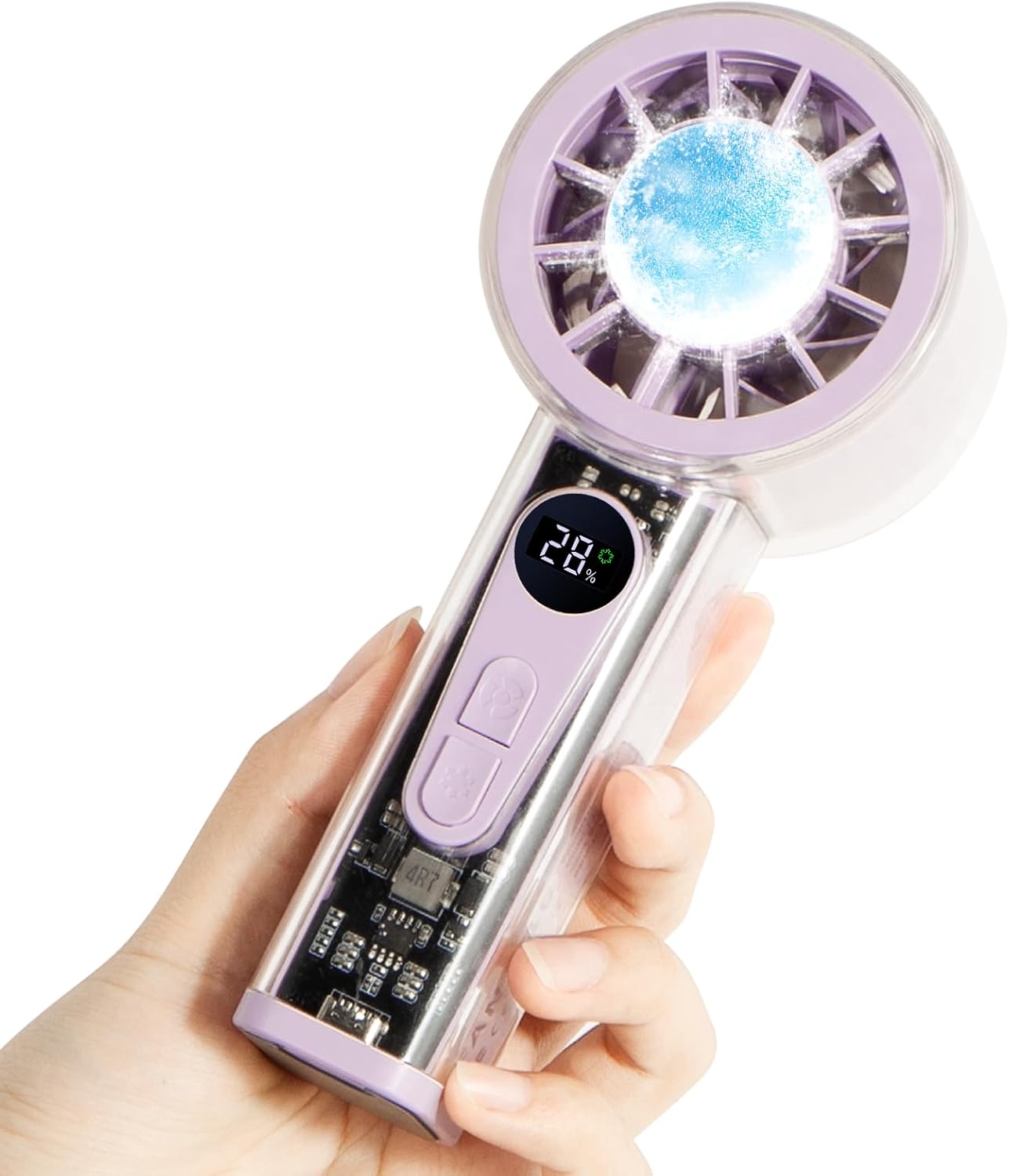 High Power Handheld Fan with Ice Cooler and LED Display, 5000mAh Rechargeable Battery, 6-Speed Turbo Cooling Fan, Portable Travel Essentials for Beach, Outdoor (Transparent Shell, Purple)