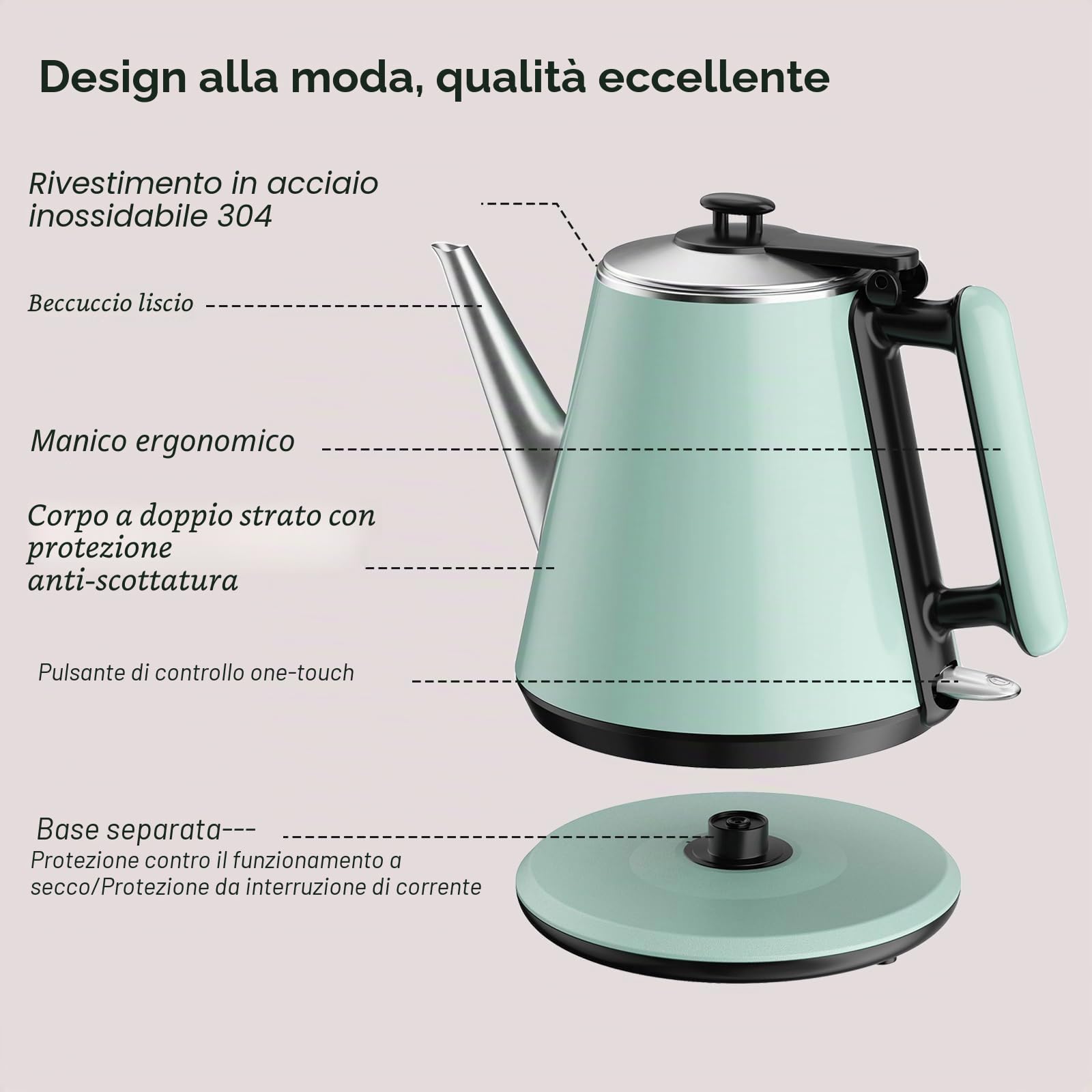 Bollitore con Collo d'Oca 0,9L, 1360W, 304 Acciaio Inox, Verde Pallido