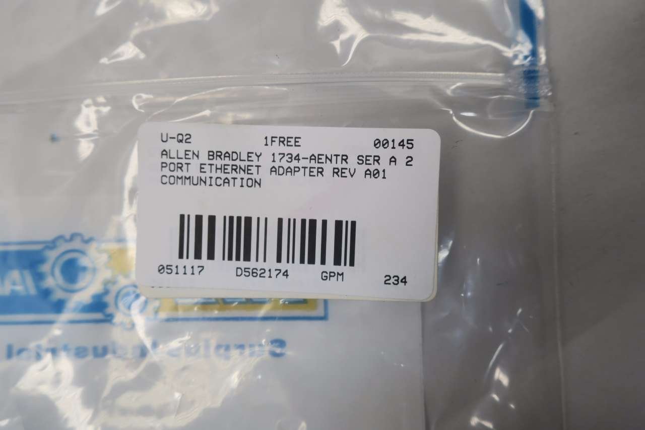 Close-up of the Allen-Bradley 1734-AENTR product label with detailed specifications