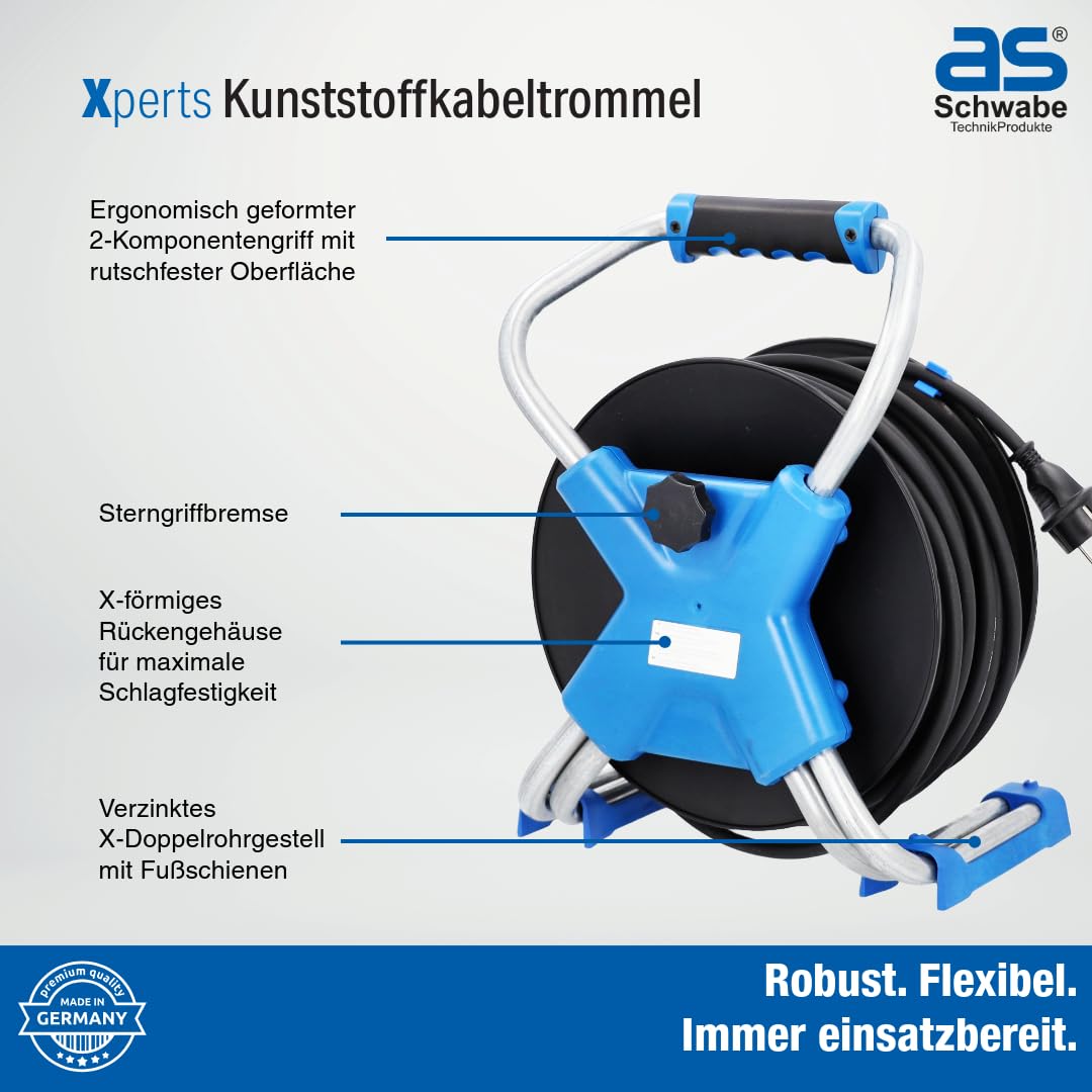 as - Schwabe Xperts enrollacables 50 m H07RN-F 3G1,5, IP44 exterior, 3 tomas de corriente con toma de tierra + puerto USB, visualizador de tensión, Interruptor térmico, Made in Germany