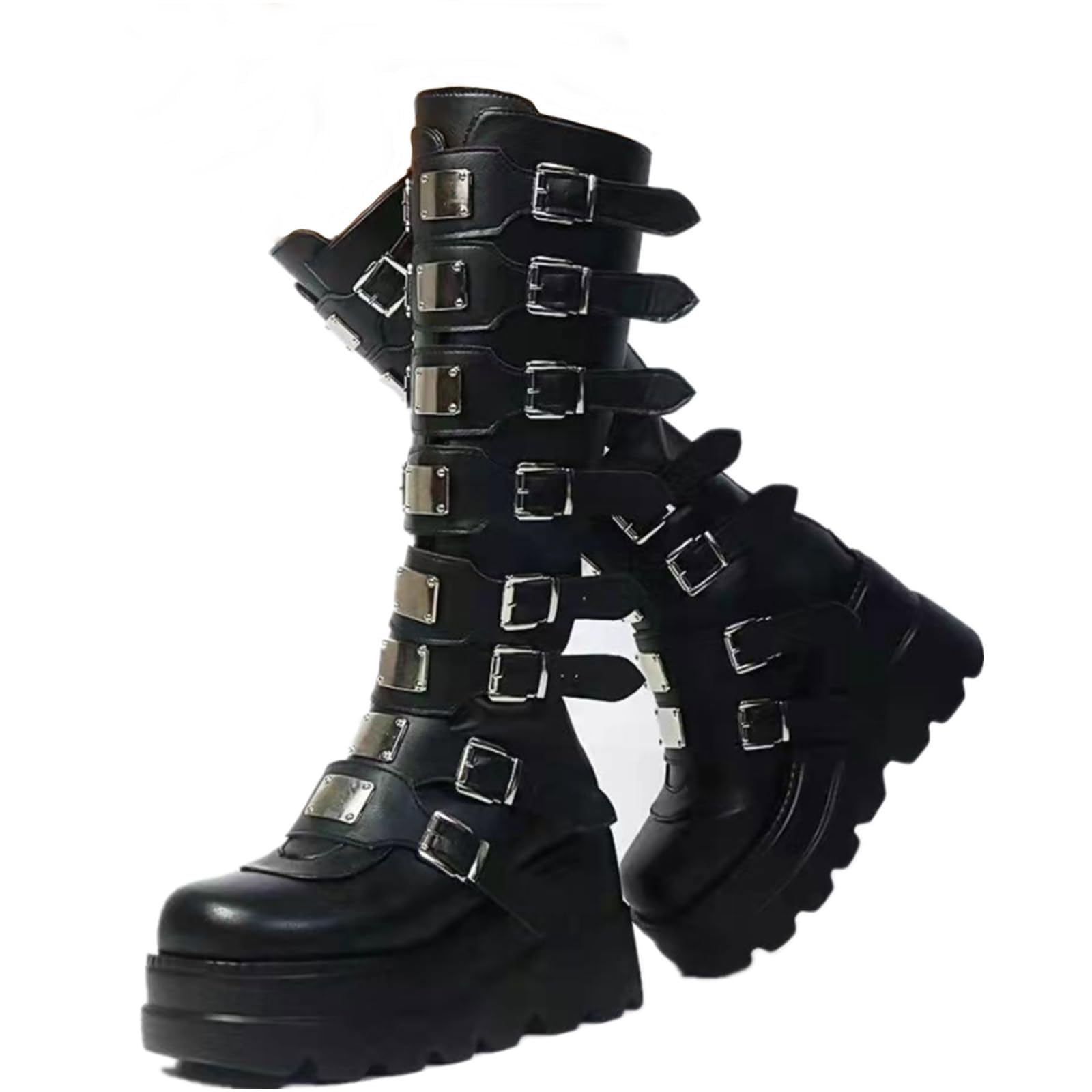 2025 Womens Platform Knee High Goth Boots Chunky High Heel Round-Toe Buckle Boots Lace Up Wedge Heel Studded