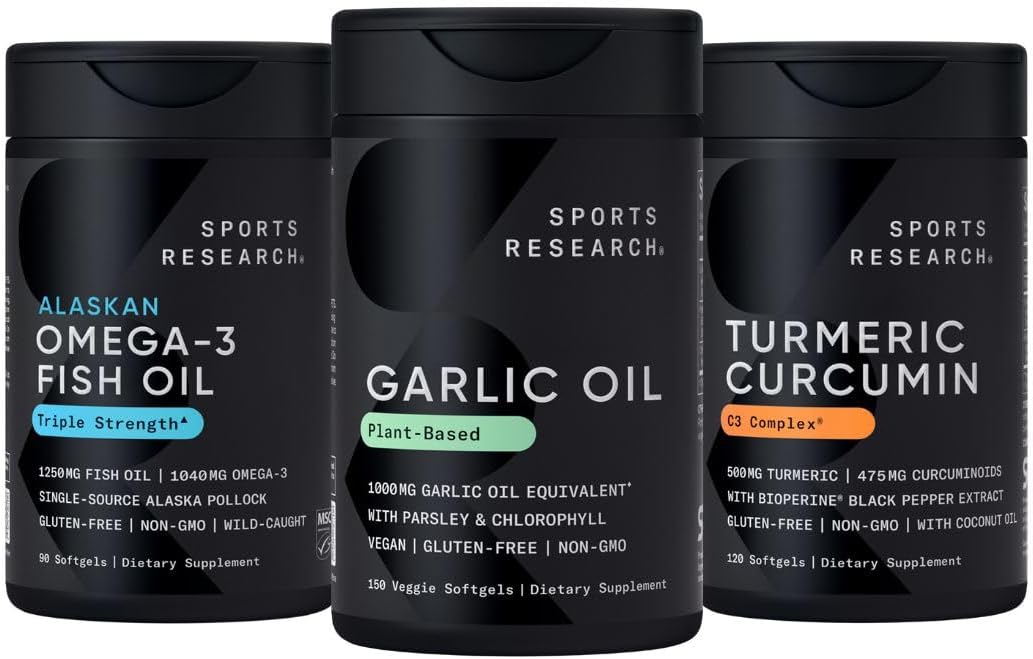 Sports Research® Immunity Pack - Odorless Garlic Oil Pills (1000mg) + Omega-3 Fish Oil 1250 + Turmeric Curcumin C3 Complex