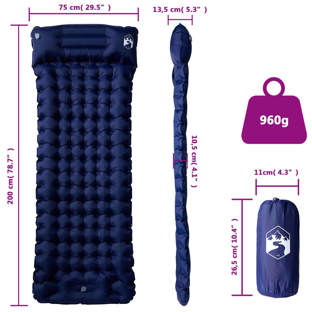 Selbstaufblasende Isomatte mit Kissen Marineblau 200x75x10,5 cm leicht faltbar für Camping, Wandern, Trekking und Outdoor Reisen mit integrierter Fußpumpe und Reparaturset