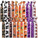 20 Pieces Halloween Hair Ties Halloween Knotted Headbands Elastic Satin Ponytail Holders Candy Bat Owl Cat Spider No Crease Knotted Ribbon Hair Bands Accessories for Women Girls