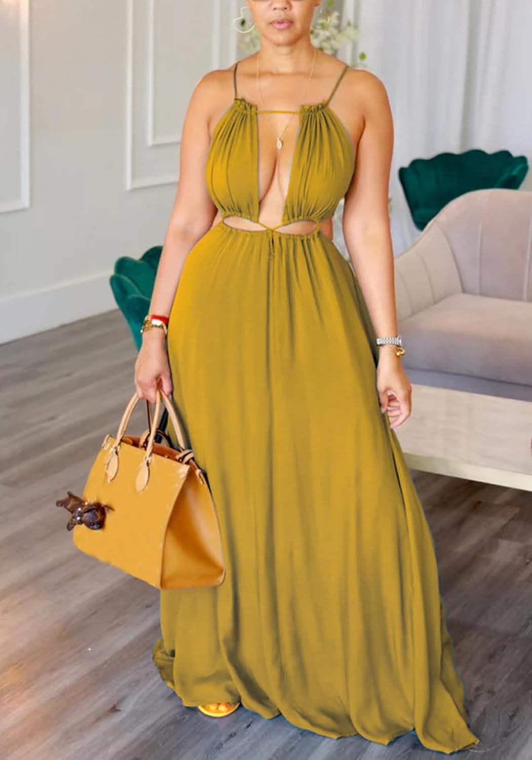 SHINFY Womens Summer Spaghetti Strap Dress Sleeveless Sexy Cutout Drawstring Boho Maxi Dress Beach Vacation Dresses - Image 2