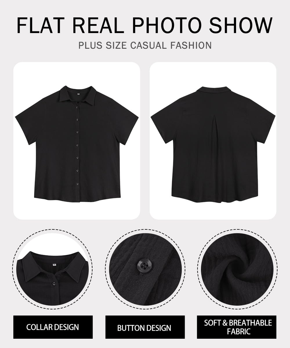 RITERA Haut boutonné à manches courtes pour femme - Col roulé - Léger - Taille XL à 5XL