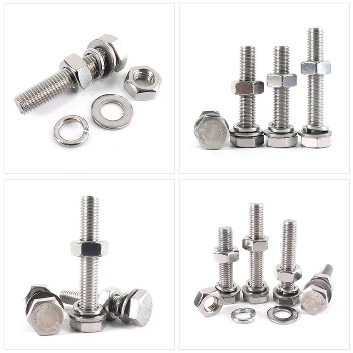 20-1 pièces 304 vis à tête hexagonale en Acier Inoxydable écrous rondelles Plates rondelles de Blocage Kit Hexagonal Ensemble M3 M4 M5 M6 M8 M10 M12 M14 M16-M4 (20 Jeux) -90mm