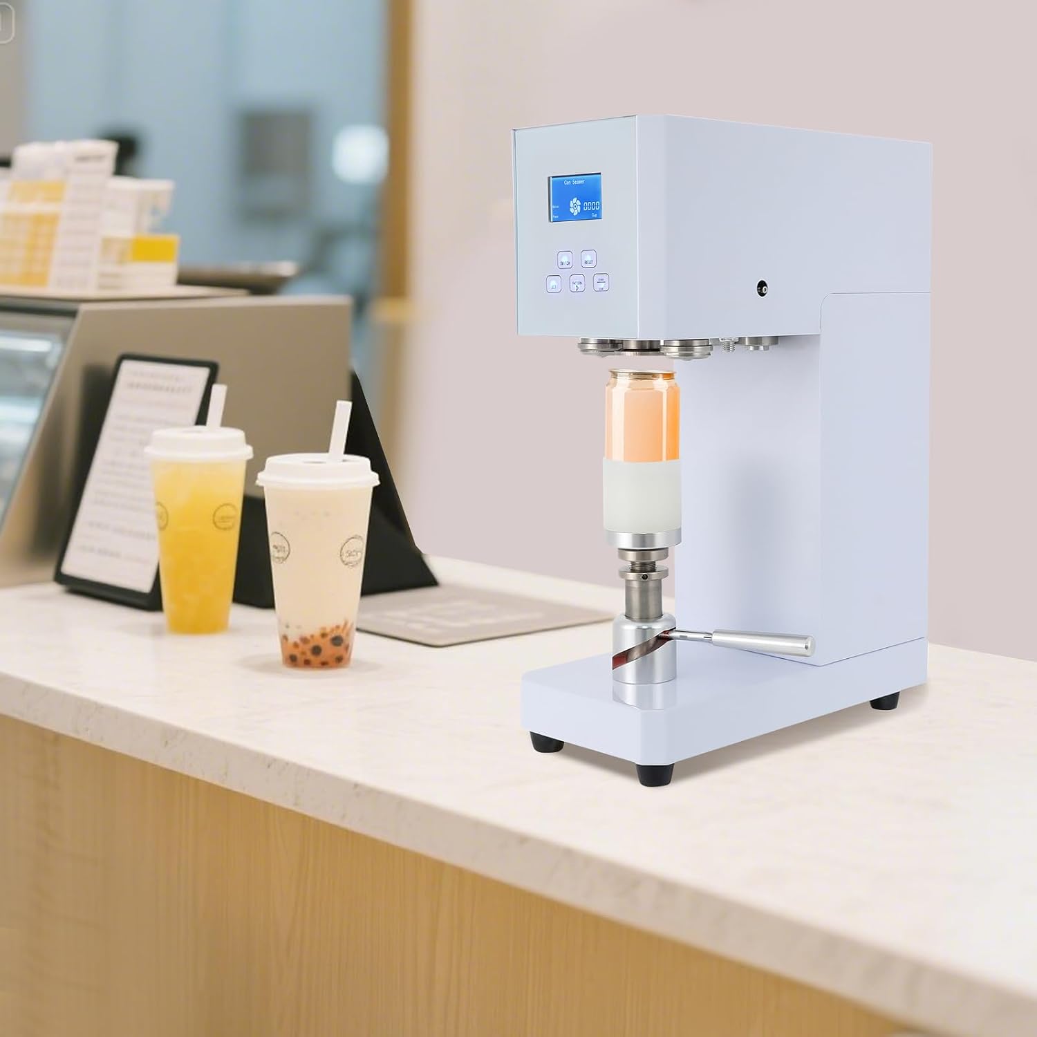 Commercial Soda Can Sealer, 370W 4-6 Sec Semi-Automatic Can Sealing Machine Milk Tea Drink Bottle Sealer with LED Display & Emergency Stop for PET Bottles Aluminum Cans for Home Cafe Restaurant