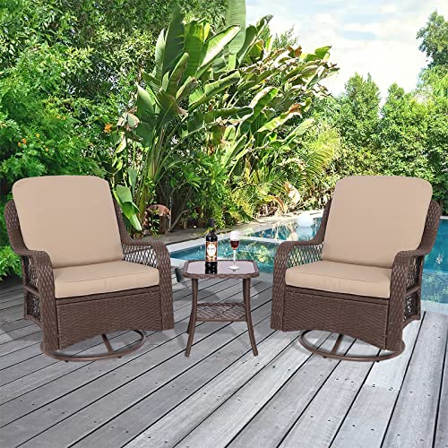 Leisu 3-Pieces Patio Swivel Wicker Bistro Furniture Set With Cushioned Patio Swivel Rocker Swivel Rocking Chairs Set Side Table Outdoor Rattan Conversation Sets (Beige) #TOP7