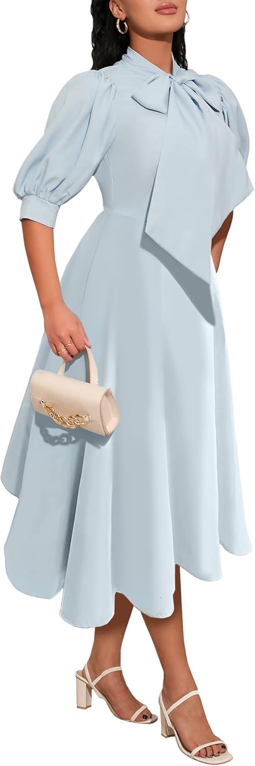IWFEV Bowknot Puff Sleeve Women's A-line Dress High Waist Midi Dress Plain Dress - Image 3