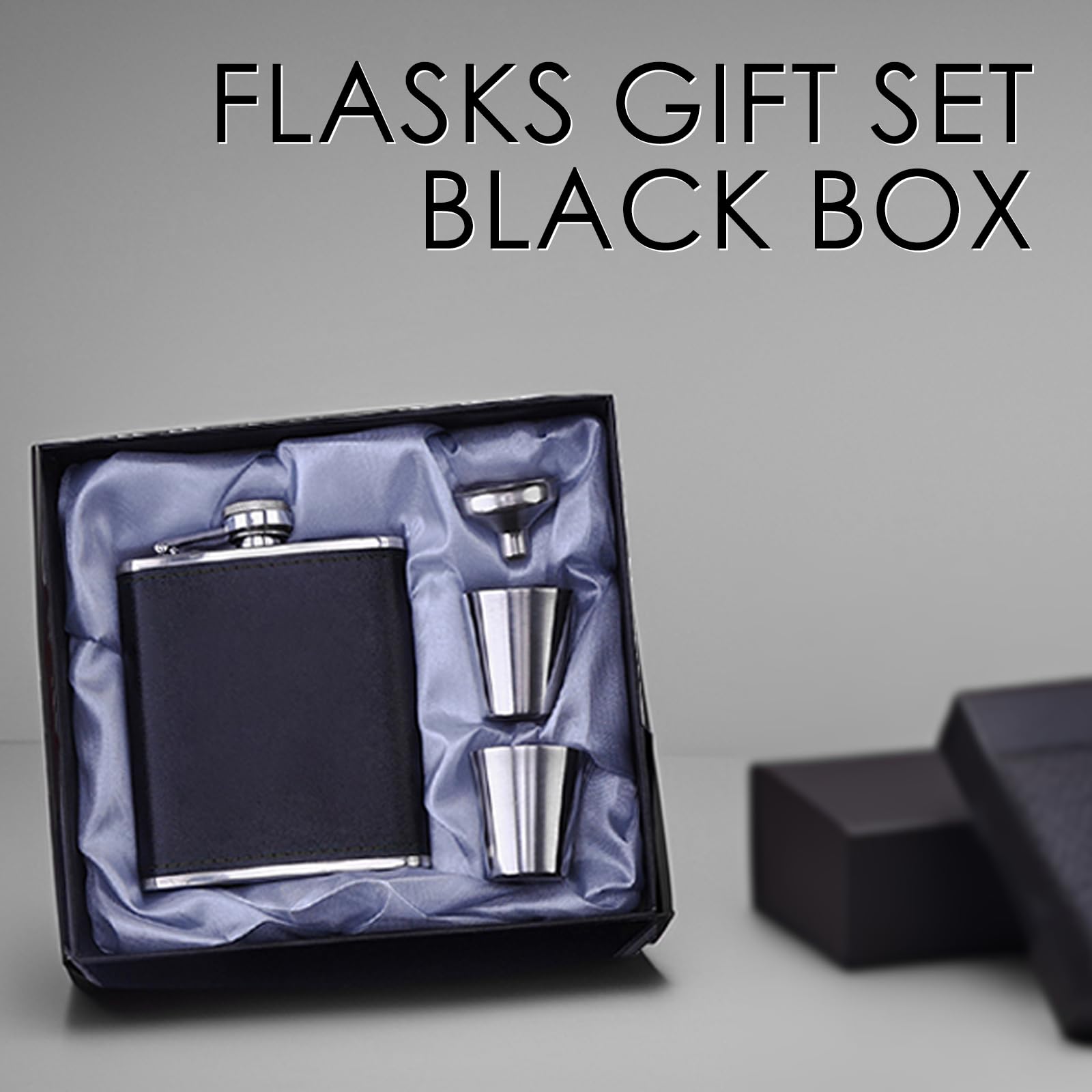 Set fiaschetta con imbuto e 2 bicchieri da vino, capacità 200 ml, per whisky, vino, liquori e liquori, fiaschetta per uomo, padre, nonno, fidanzato e testimone, confezione regalo nera