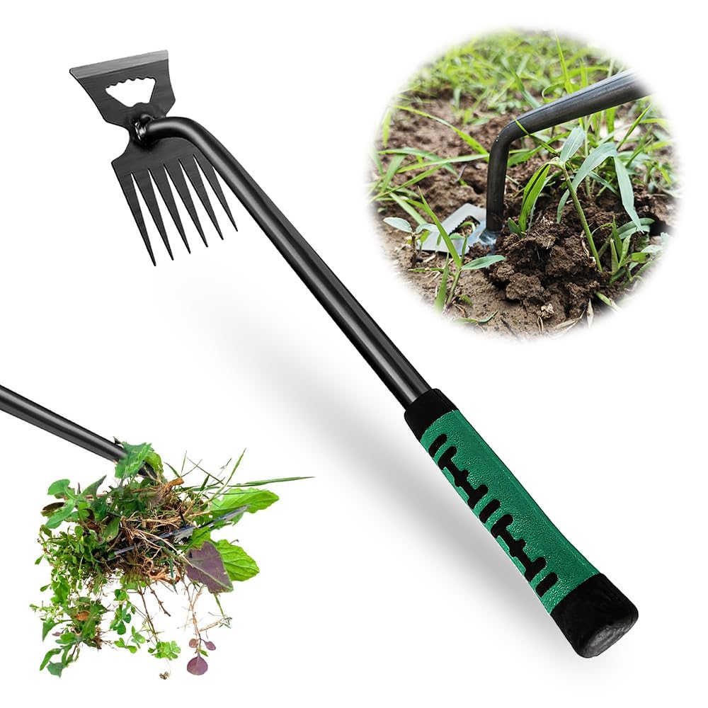 ZEIEYA Gartenarbeit Hand Unkrautstecher, Gartenwerkzeug Unkraut Entferner Gerät, Entwurzelungswerkzeug Unkrautjäter mit Langem Stiel Unkrautjäter Fugenkratzer mit Stiel Gummigriff 6 Zähne