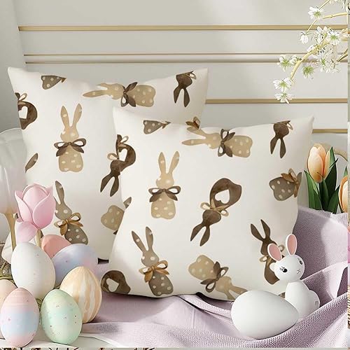Miniatura 5 de RABUSOFA Juego de 2 fundas de almohada decorativas de Pascua de 18 x 18 pulgadas, fundas de cojín decorativas de conejo de corazón de lunares, funda