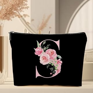 Initial Makeup Bag, Personalized Gifts for Women, Bridesmaid Gifts for Wedding Day, Birthday Gifts for Women Mom, Gifts for Best Friend, Bride Bridesmaid Black Cosmetic Bag (Letter S)