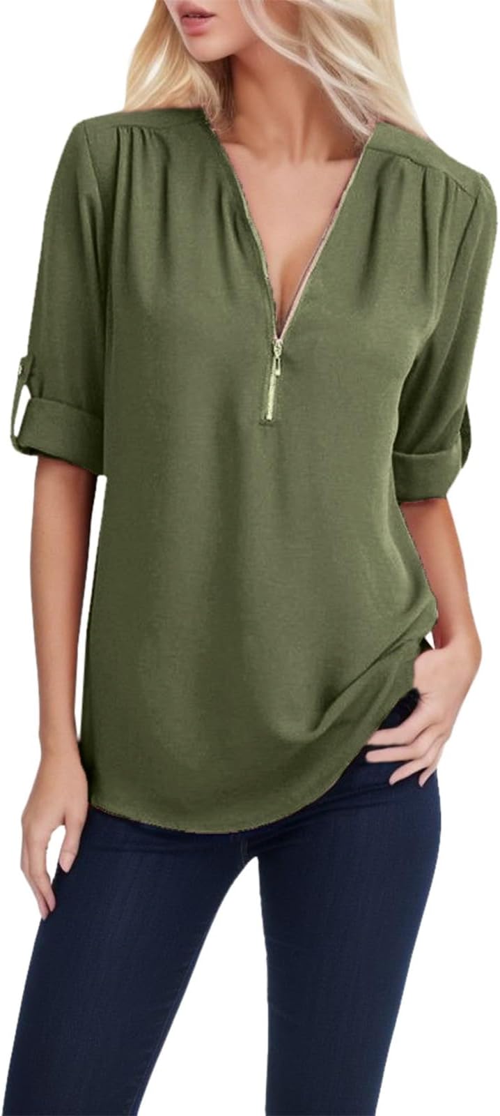 GenericButton Women Ladies Clothing Loose Shirt Chiffon Zipper Long Sleeves Plus Size Tops M Business Ladies Summer Tops
