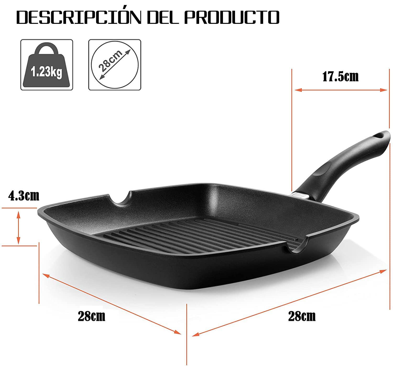 Sartén Parrilla 28cm,Grill Asador con Rayas,Sartén Grill Cuadrada Plancha de Aluminio Fundido con Antiadherente,Apto para Todo Tipo de Cocinas Incluido Inducción, Libre de PFOA