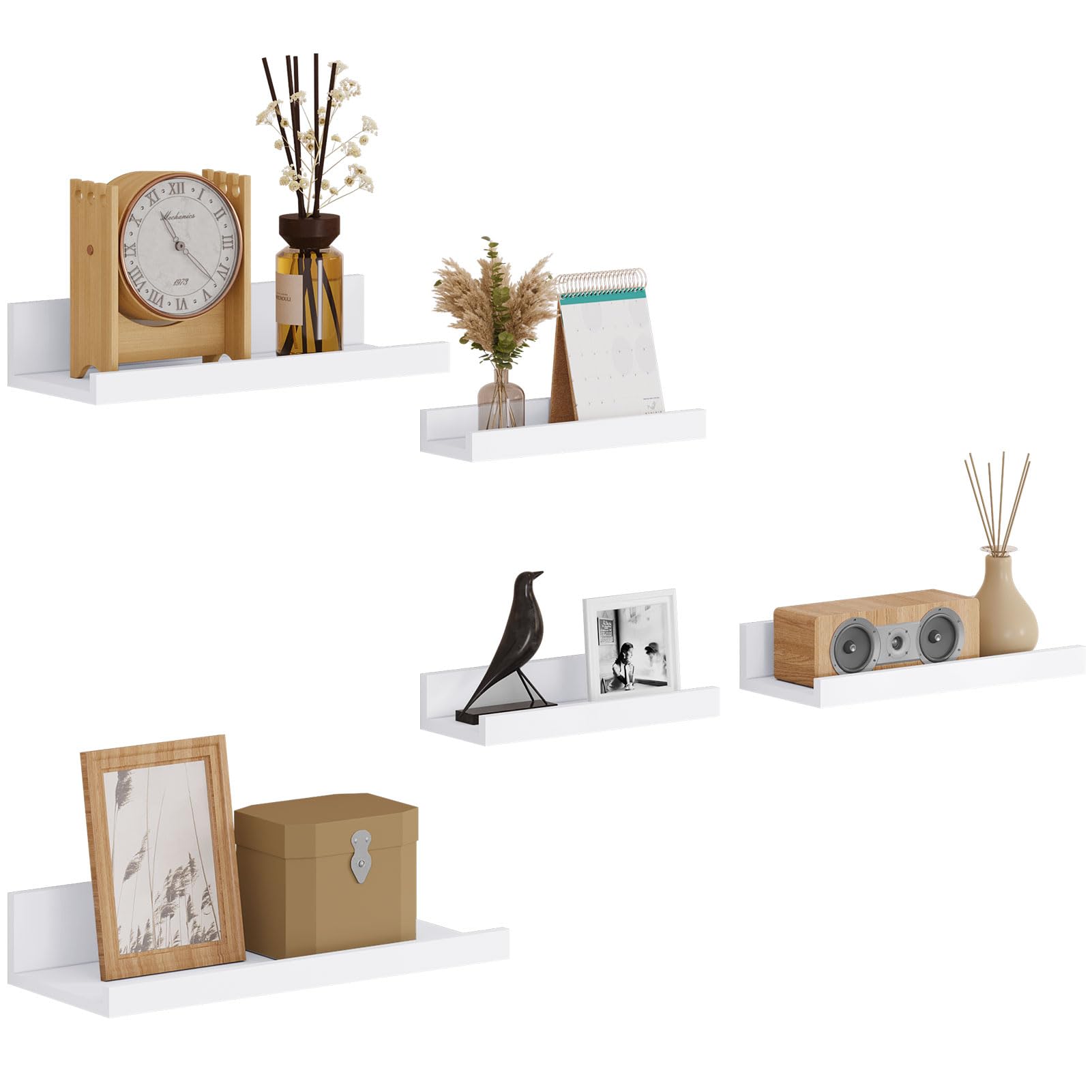 EUGAD Wandregal 5er Set, Schweberegal Weiß, Bilderleiste für Bilderrahmen, Wandboard Verschiedener Größen, Regal für Wohnzimmer Arbeitszimmer Badezimmer Küche