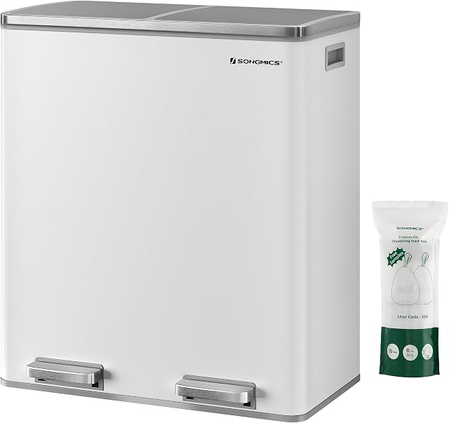SONGMICS Mülleimer, 2 x 30 Liter, 2 Fächer, Mülltrennsystem, Treteimer, Abfalleimer Küche, 15 Müllsäcke, Metall, Inneneimer aus Kunststoff, Klappdeckel, Softclose, luftdicht, weiß-grau LTB60WT