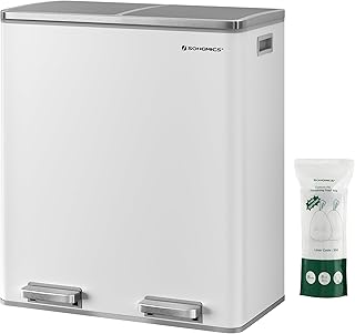 SONGMICS Trash Can, 2 x 8 Gallon (2 x 30 L) Garbage Can for Kitchen, with 15 Trash Bags, 2 Compartments, Plastic Inner Buckets and Hinged Lids, Airtight, White and Gray ULTB60WT