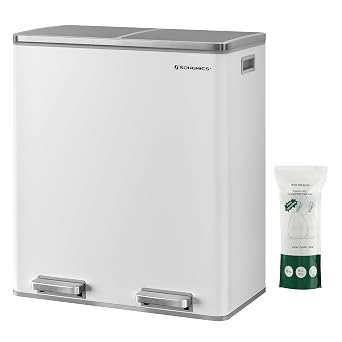 SONGMICS Dual Rubbish Bin, Metal Recycling Bin with 15 Rubbish Bags, 2-Compartment, with Lids, Pedals, Plastic Inner Buckets, Soft Closure, 2 x 8 Gallons 2 x 30 L, White and Grey LTB60WT