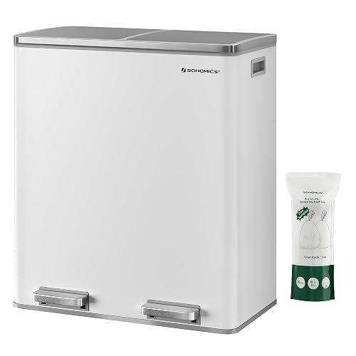 SONGMICS Trash Can, 2 x 8 Gallon (2 x 30 L) Garbage Can for Kitchen, with 15 Trash Bags, 2 Compartments, Plastic Inner Buckets and Hinged Lids, Airtight, White and Gray ULTB60WT