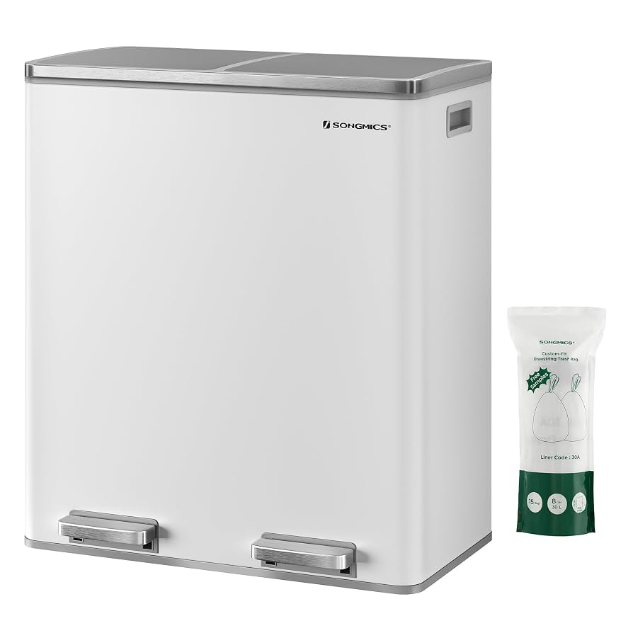 SONGMICS Trash Can, 2 x 8 Gallon (2 x 30 L) Garbage Can for Kitchen, with 15 Trash Bags, 2 Compartments, Plastic Inner Buckets and Hinged Lids, Airtight, White and Gray ULTB60WT