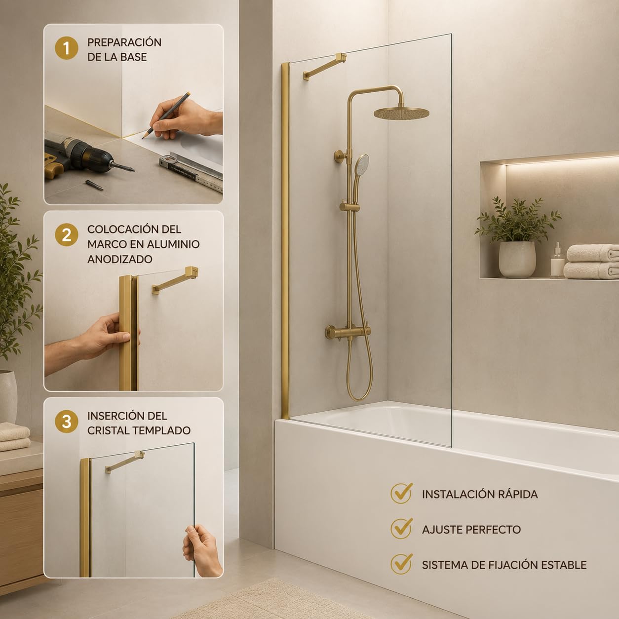 GME - Mampara Bañera Fija Cromo 85cm Frontal con Brazo de Sujeción | Mampara de Cristal Antical y Perfilería de Aluminio con 150cm de Altura | Vidrio con Grosor 8mm