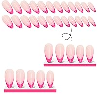 Vista 4 de Uñas postizas de almendra, 24 unidades, medianas, punta francesa rosa, ABS, cobertura completa, brillantes, uñas a presión con pegamento