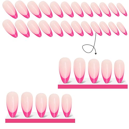 Miniatura 5 de Uñas postizas a presión medianas almendra MABKJLF rosa intenso, punta francesa, uñas postizas de cobertura completa con diseños, uñas postizas