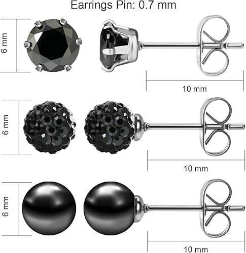 Miniatura 4 de JewelrieShop - Juego de aretes de tuerca de acero inoxidable con circonitas cúbicas y perlas de imitación, 3 pares de 0.236in