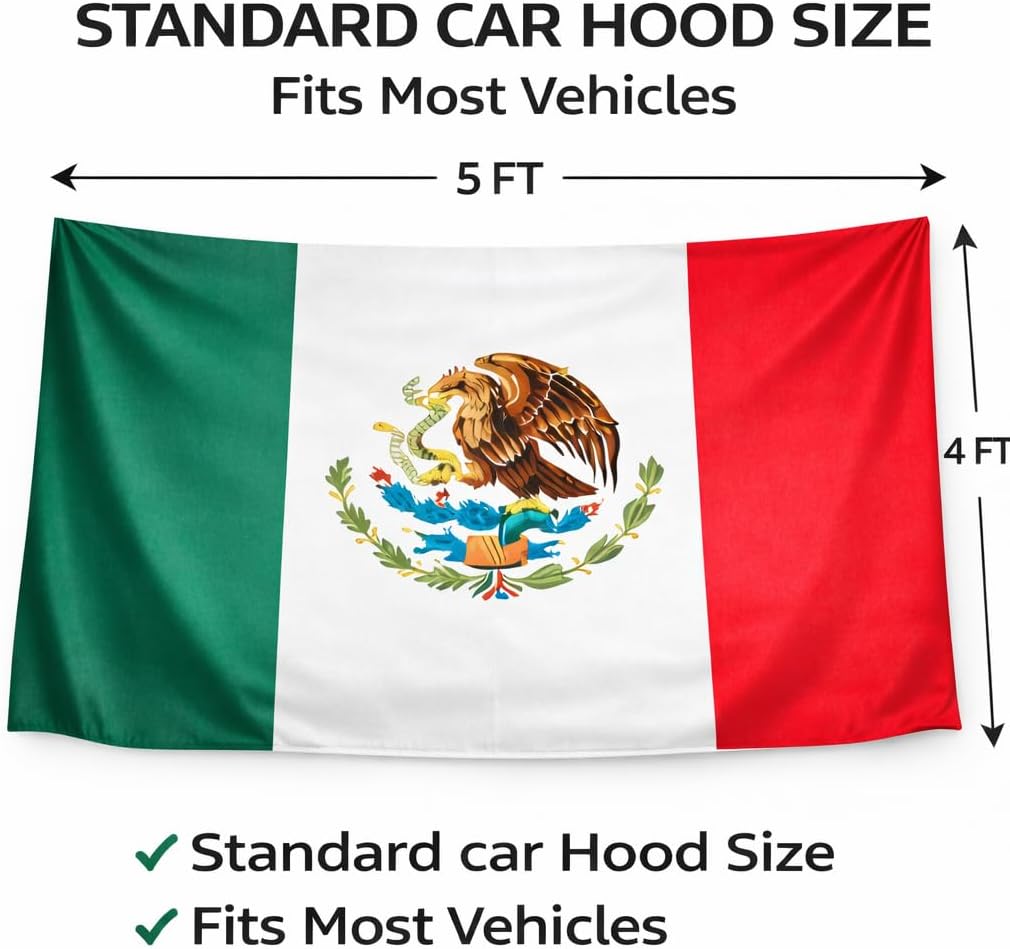 Mexico Car Hood Cover, Flag 4x5ft Car Bonnet Banner, Universal Fit, Elastic Polyester, Stretchable, Patriotic Automotive Hood Covers, Mexicans Patriot Gifts