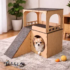 Casinha Pet 2 Andares com Rampa em MDF – Conforto e Diversão para Cães Pequenos
