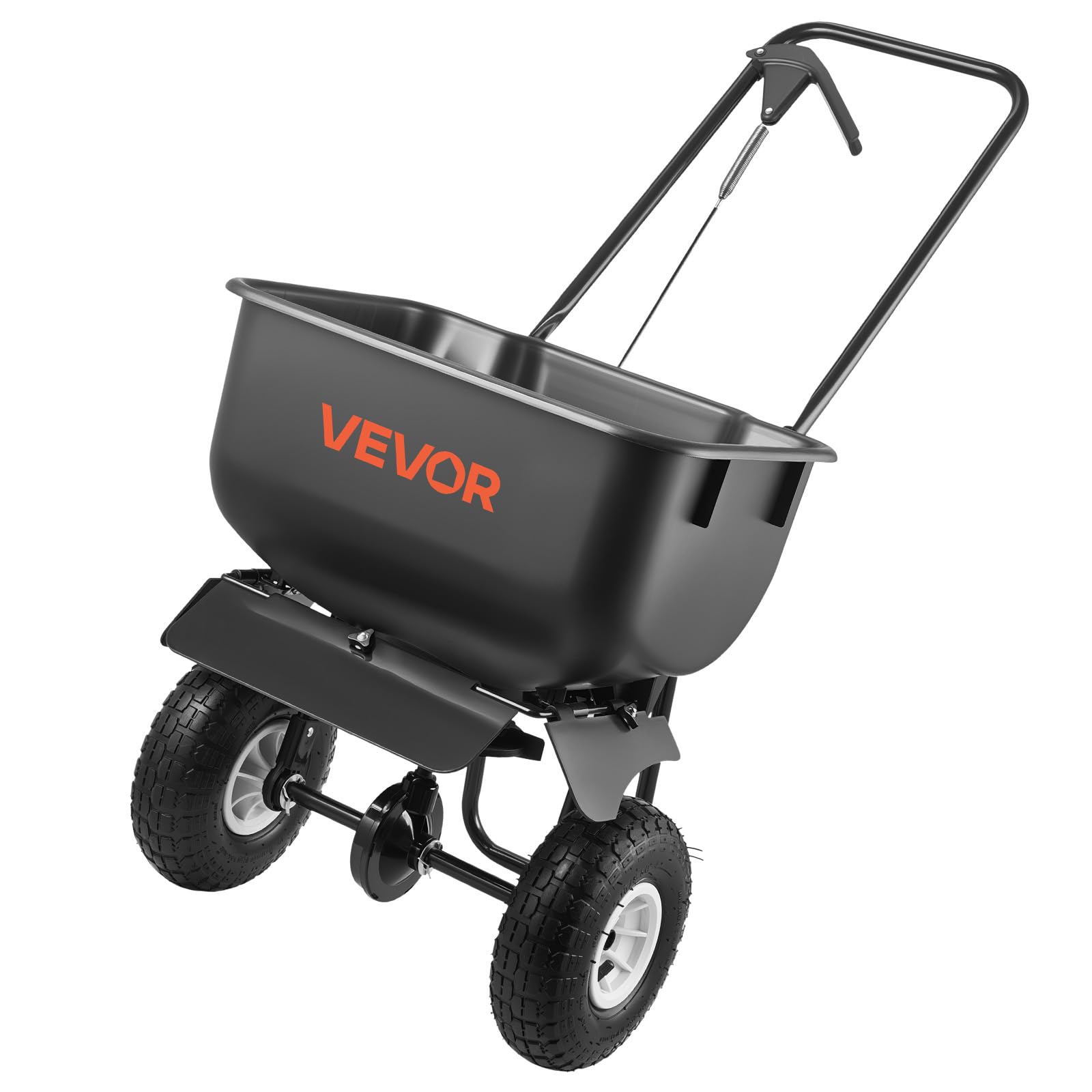 Condition photo showing Good Condition for vevor push lawn spreader, 12ft spreading width, broadcast spreader with 80lbs load capacity & 10 in all-terrain tires, walk-behind garden & lawn broadcast spreaders for seed fertilizer, salt ice melt
