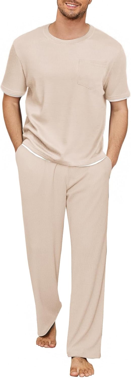Andeip Mens Pajamas Set Waffle Crew Neck Loungewear Cozy Sleepwear Short Sleeve Top and Long Pants Pj Set with Pockets