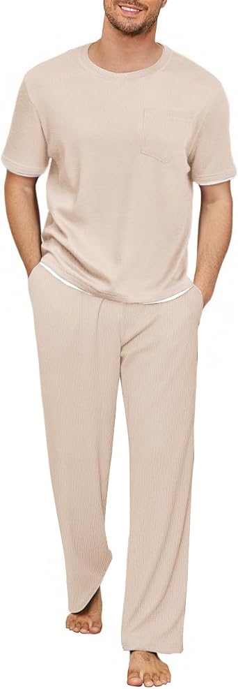 Mens Pajamas Set Waffle Crew Neck Loungewear Cozy Sleepwear Short Sleeve Top and Long Pants Pj Set with Pockets