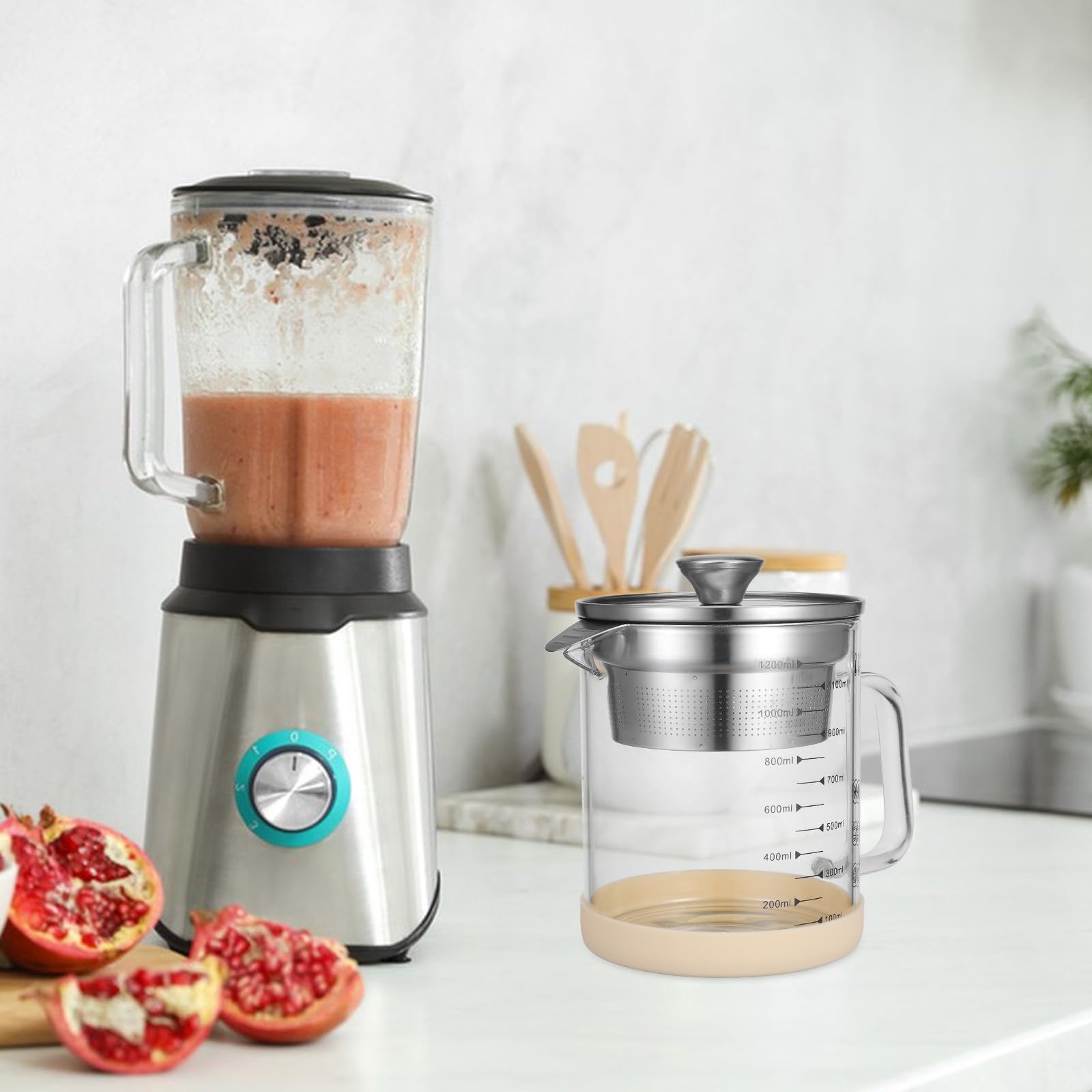 Alasum Fettabscheider 1200ml mit Feinem Sieb aus Glas und Edelstahl Multifunktionaler Küchenbehälter zum Filtern von Sojamilch und Saft für Küche
