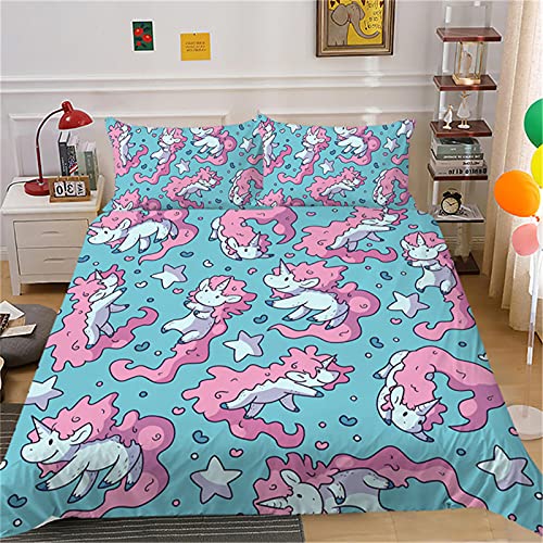 Juego de Ropa de Cama de 3 Piezas, Treer 3D Impresión Microfibra Juego de Fundas de Edredón Incluye Funda Nórdica y Funda de Almohada (Unicornio,Cama 105-180x220cm)