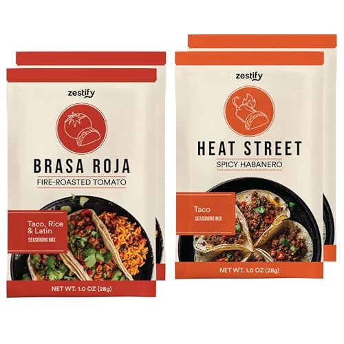 Zestify Taco Seasoning Packets - Fire Roasted Tomato and Spicy Habanero Mexican Spice Blends for Tacos, Fajitas, Enchiladas, Soup (2x Brasa Roja - 1 oz and 2x Heat Street - 1 oz pouches)