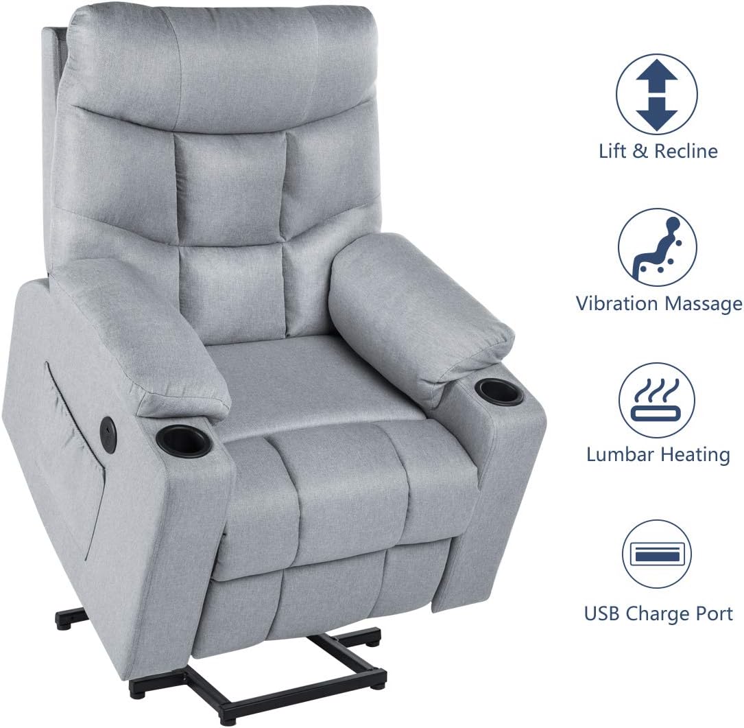 Esright Power Lift Chair Electric Gray Recliner for Elderly Heated Vibration Fabric Sofa Motorized Living Room Chair with Side Pocket and Cup Holders, USB Charge Port & Remote Control