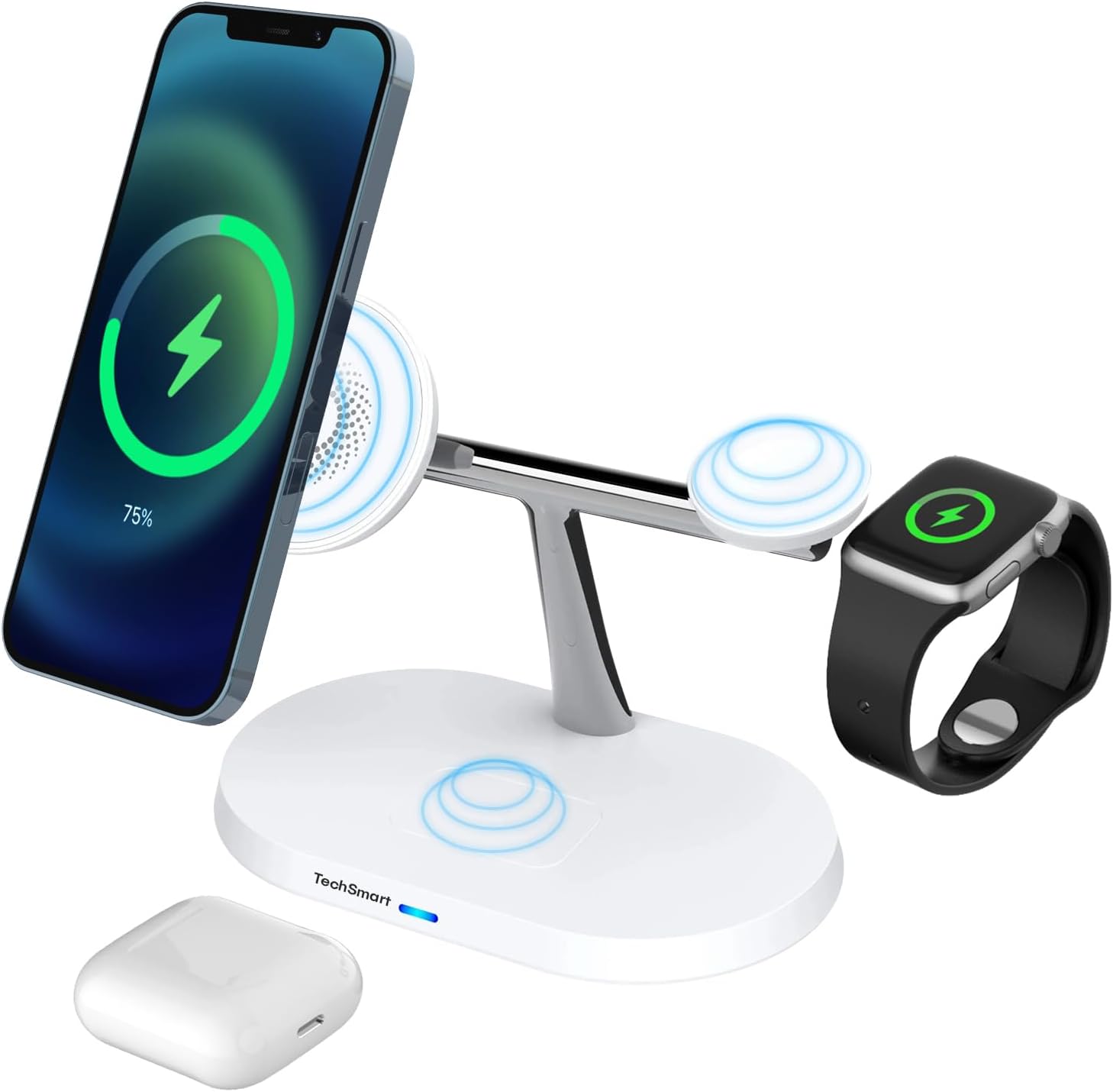 TechSmart 3-in-1 Wireless Charging Station – 15W/10W/7.5W/5W Output, iPhone, Apple Watch & AirPods Charging Dock with Adapter, Fast & Safe Wireless Charging Stand