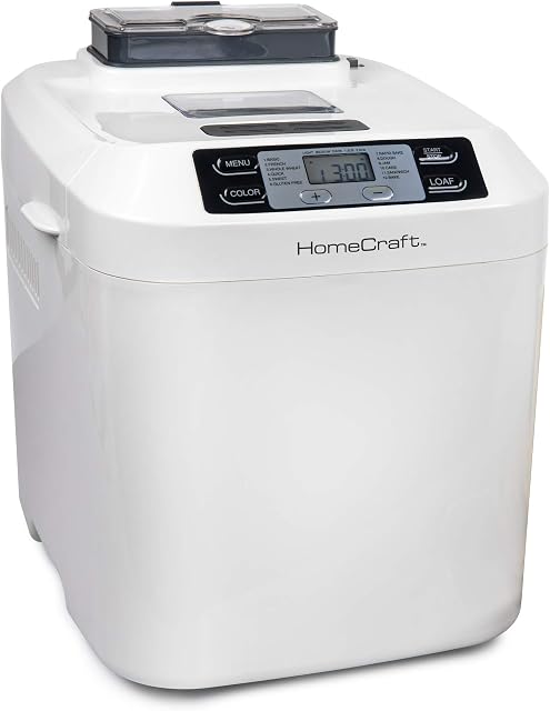 HomeCraft HCPBMAD2WH Bread Maker with Auto Fruit & Nut Dispenser Makes 2 Lb. Loaf Size, 3 Crust Options, Programmable Settings, 14"D x 16"W x 12"H, White