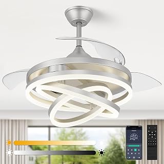 TXCSLY 42" Retractable Ceiling Fan with Lights, Silver Chandelier with Fan