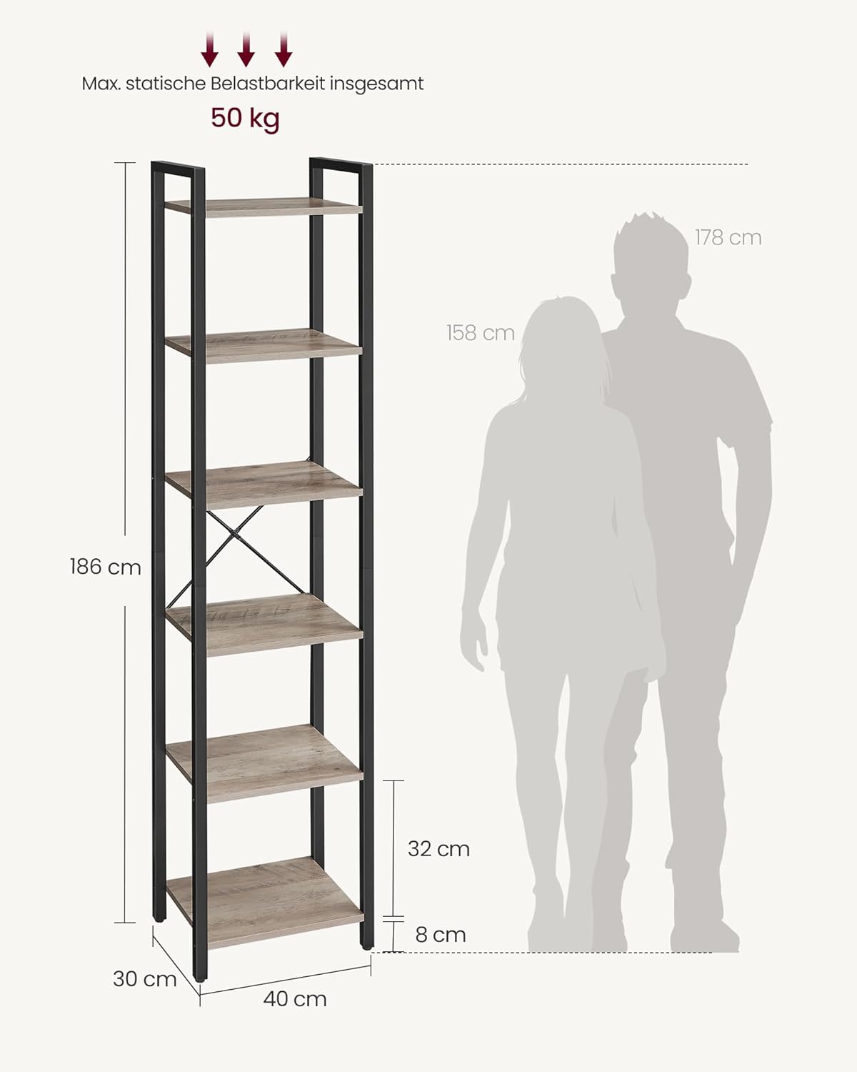 VASAGLE 6-Tier Industrial Standing Shelf, Greige and Black