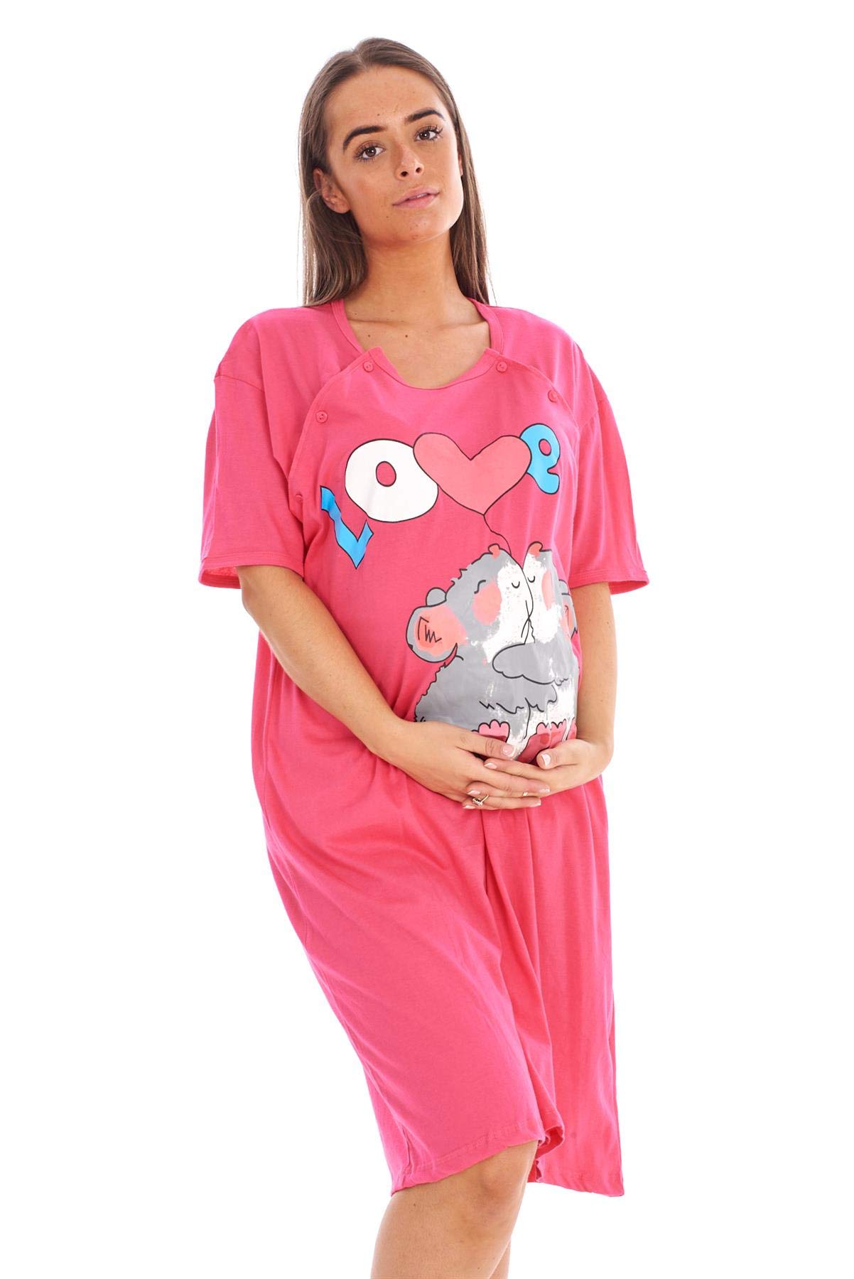 Malay Women's Fuchsia Maternity Nursing Nightdress 100% Cotton Motif Print Breast Buttons Labor