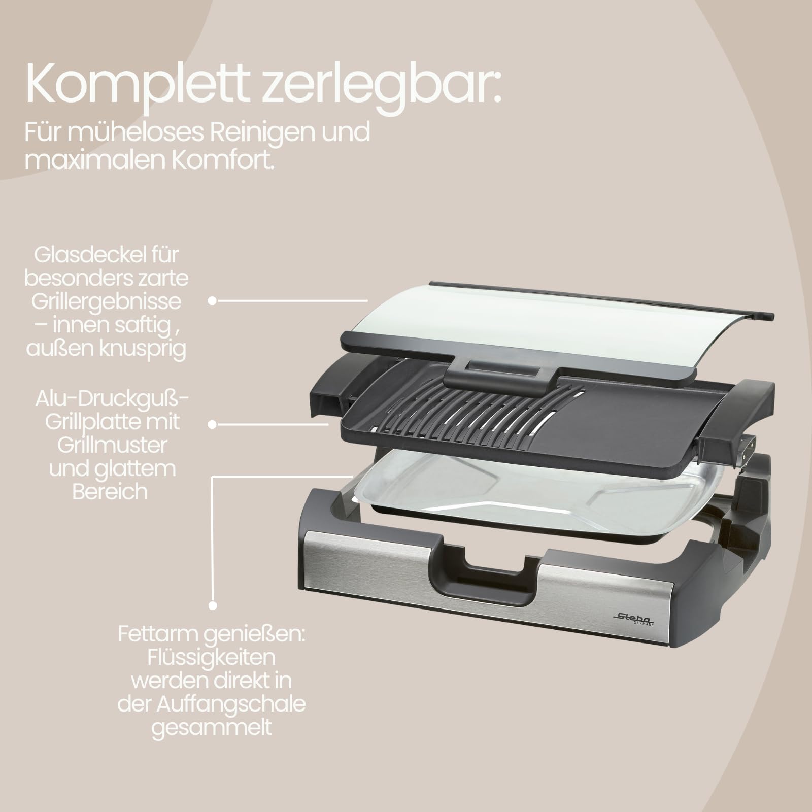 Steba VG 200 BBQ Tischgrill mit Glasdeckel | Grillfläche 29,0 x 40,0 cm, Hot Zone, Alu-Druckguß-Grillplatte mit Grillmuster, Temperaturkontrollleuchte, 2200 Watt