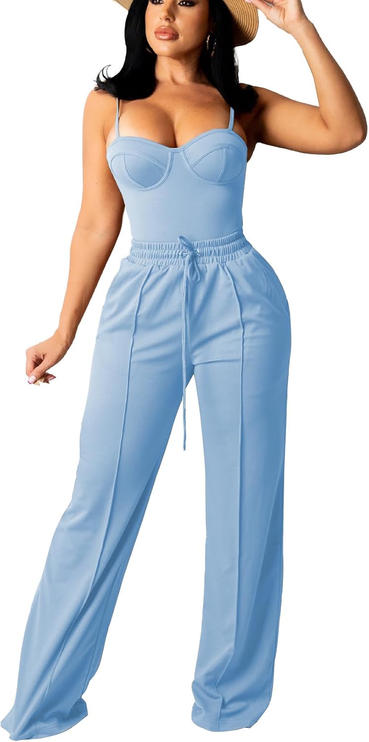 Bluewolfsea Women Sexy 2 Piece Outfits Jumpsuit Summer Sleeveless Cami Crop Top Wide Leg Long Pants Set