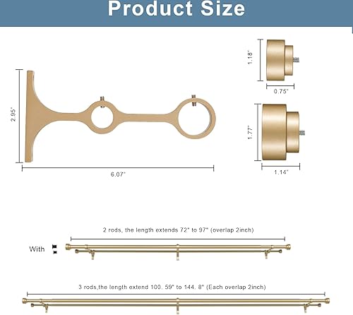 Miniatura 5 de Barras de cortina dobles resistentes con remates de tapa cilíndrica Varillas telescópicas de 72 a 144 pulgadas, diámetro delantero de 1 pulgada,