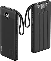 VRURC 10000mAh Power Bank with Built-in Cables, 22.5W Fast Charging Slim Portable Charger for iPhone 16/15/14, Samsung Galaxy, AirPods - Black